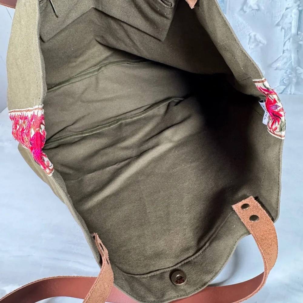 Trades of Hope Secret‎ Garden Olive Floral Embroidered Tote Bag Canvas Leather